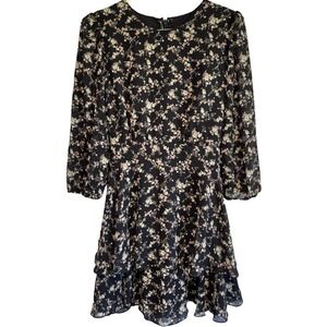 Whimsigoth Fairy Black Floral Tiered Dress Women's Large Long Sleeve Layered Tie